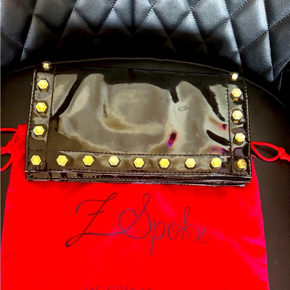 Zac Posen Black Patent Leather Studded Clutch Bag